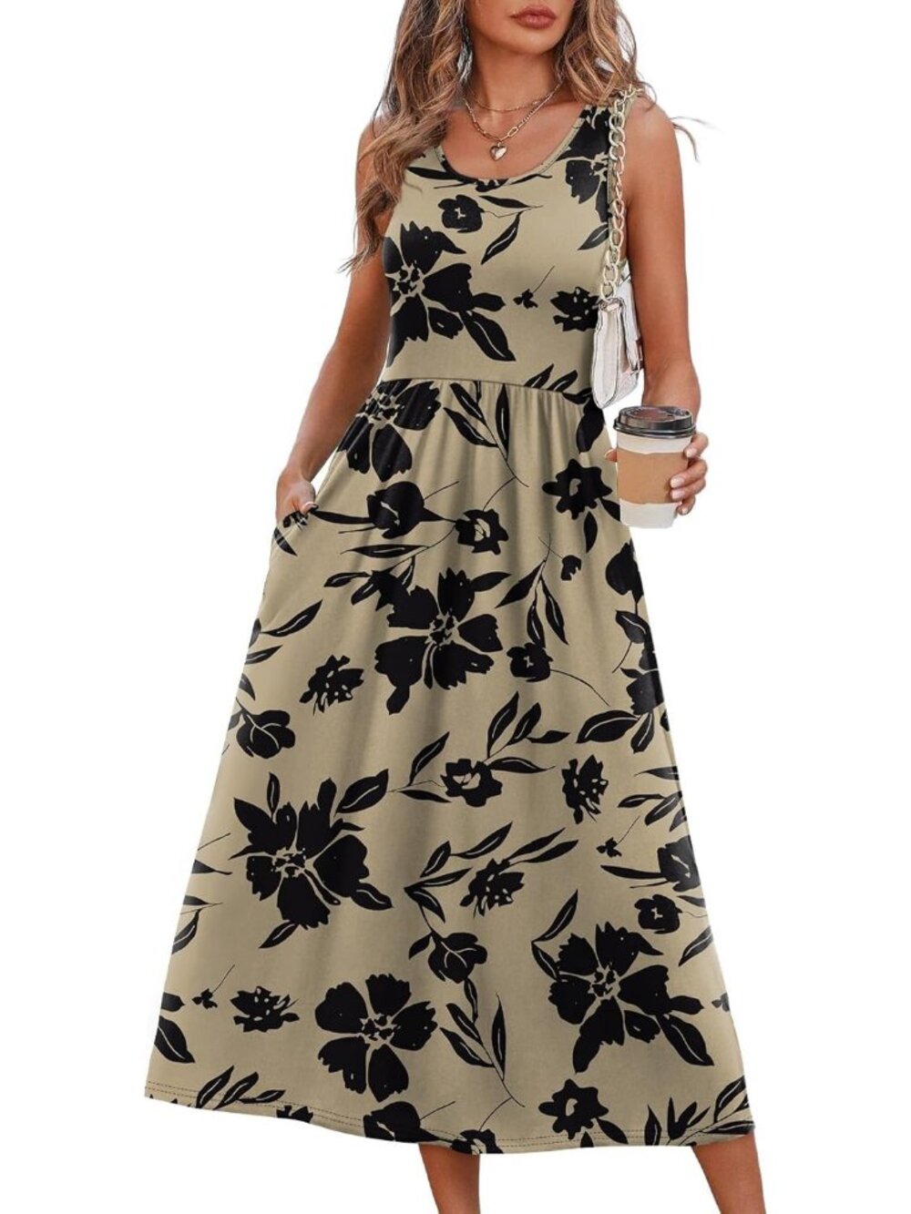 Women's Midi Dresses Vintage Tan Floral Scoop Neck Sleeveless Summer Casual Soft